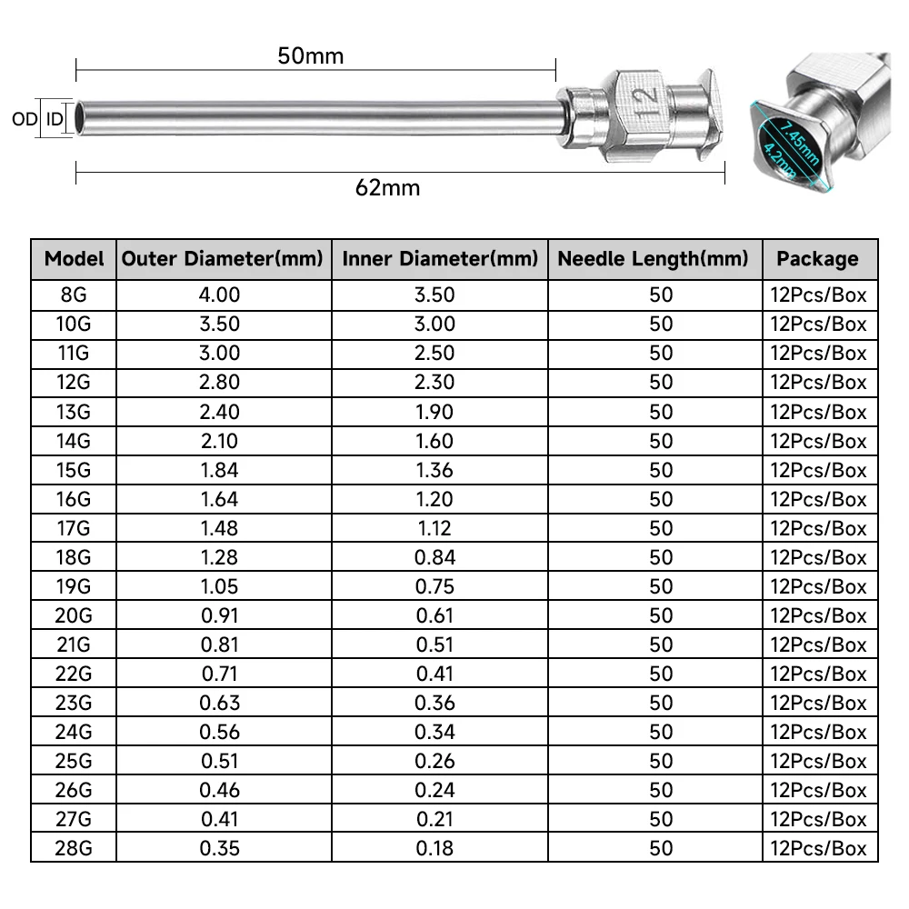 8G-28G 50mm Stainless Steel Dispensing Needle 50mm Syringe Needle Blunt Tip All Metal Needle for Dipensing Glue Liquid,12Pack