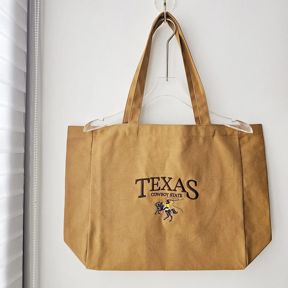 Texas Cowboy State Retro Embroidered Canvas Shoulder Bags 80s 90s Reusable Shopping Bags Ladies Casual Brown Handbag Tote Bag