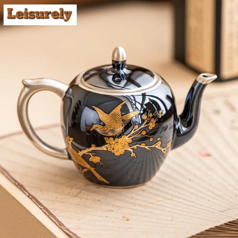 

180ml High-end 999 Silver Gilded Teapot Aesthetic Joyful Flower And Bird Pot Tea Maker Kettle Tea Services Accessories Ornaments