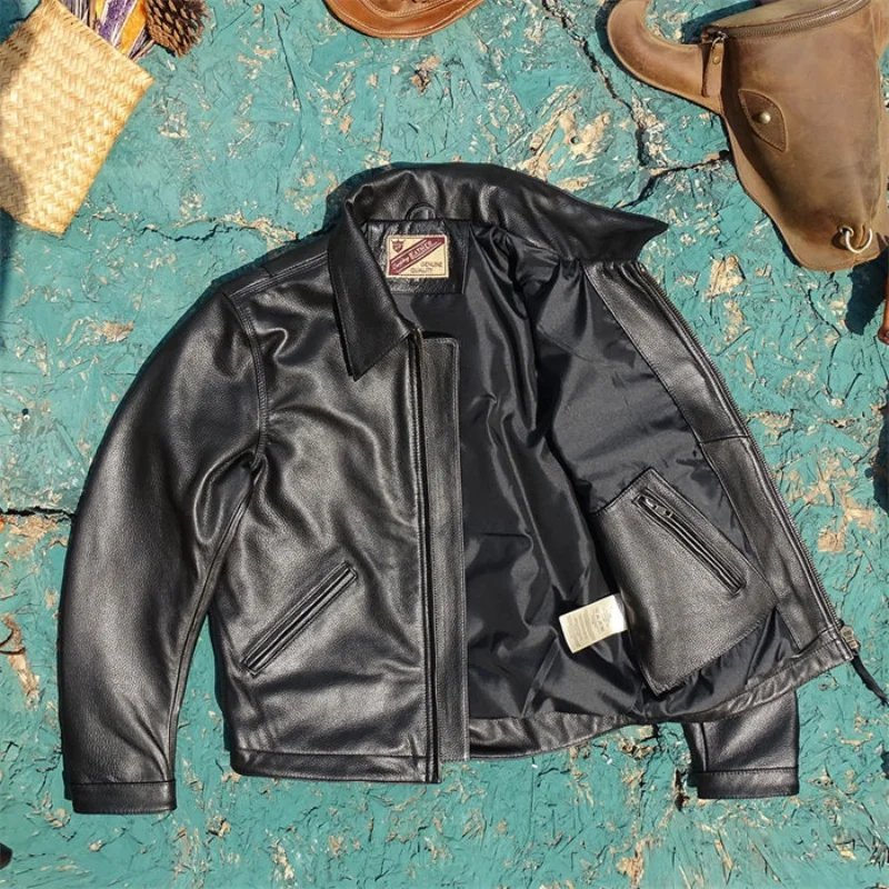 

Black Autumn Leather Jacket Men Retro Style Plus Size 5XL Genuine Natural Thick Cowhide Turn-Down Collar Short Leather Coat