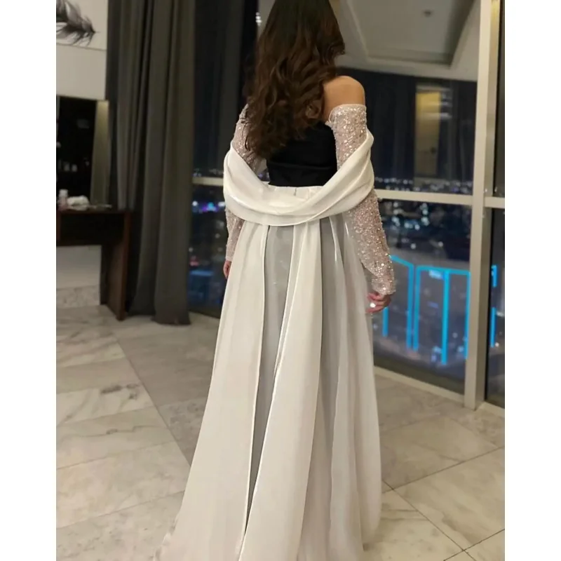 Indie customized Black Prom Gown Women Sequin Long Sleeve Off Shoulder Party Evening Dress Floor Length Formal Occasion Dresses