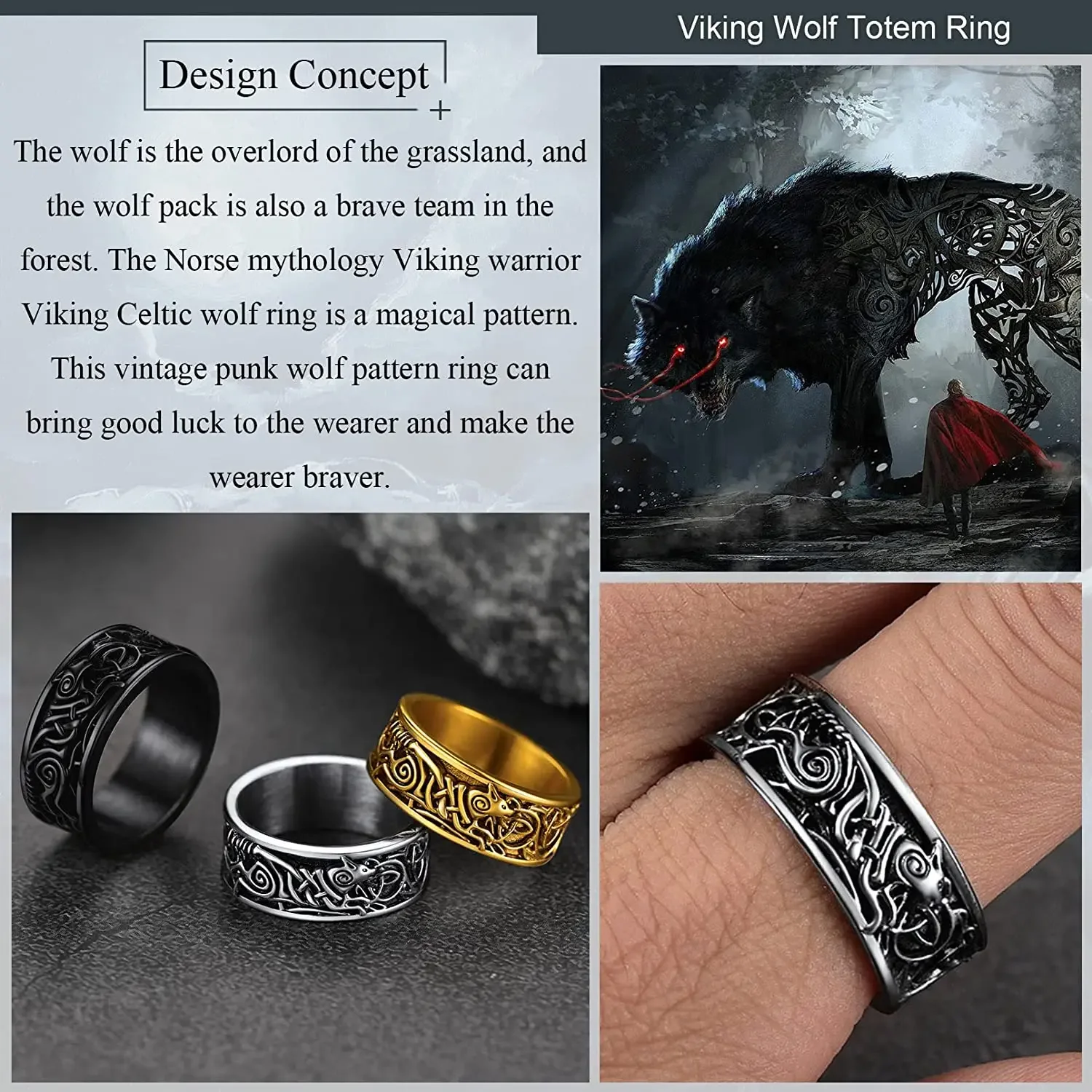 ChainsPro Wolf Head Signet Rings for Men Women Stainless Steel Norse Viking Ring Size 7/8/9/10/11/12/13/14 CP938