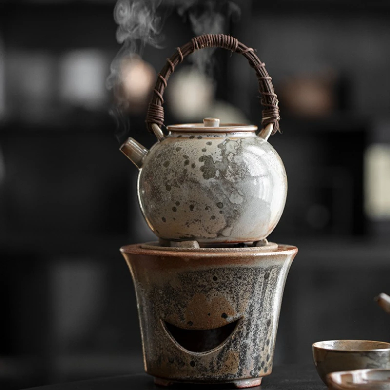 

Vintage Rattan Woven Large Ceramic Kettle for Home Use, Suitable for Charcoal Stove, Tea Brewing, Kung Fu Tea Set