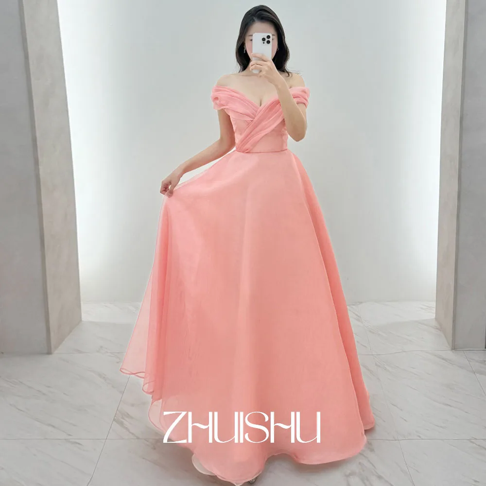 ZHUISHU コーラルシルクオーガンザ韓国風イブニングドレスAラインオフショルダープロムパーティガウンジッパーバック女性用パフォーマンスガウン