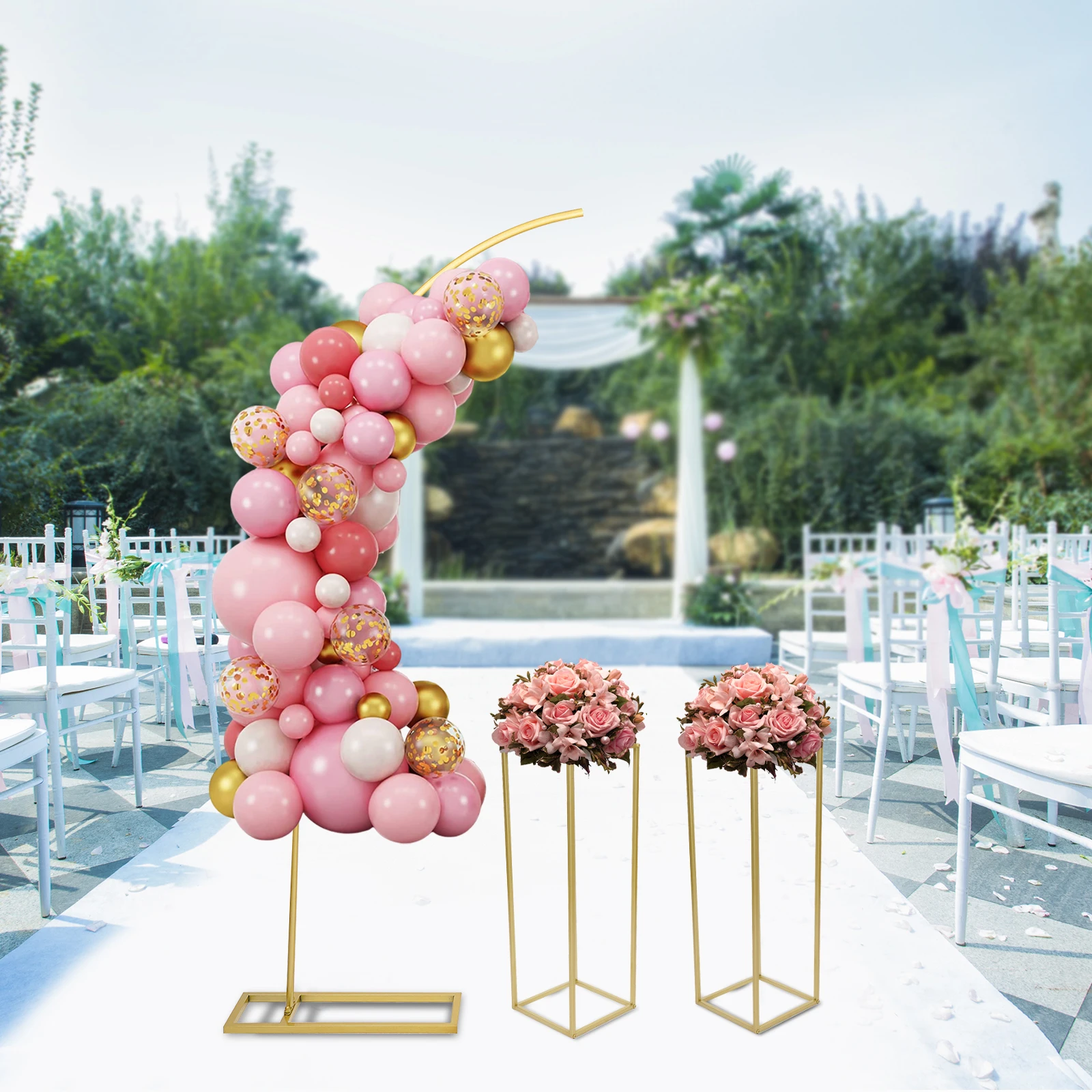 

6.6FT Wedding Arches for Ceremony,Gold Curved Top Balloon Arch with 2 Flower Stands(31.5in)