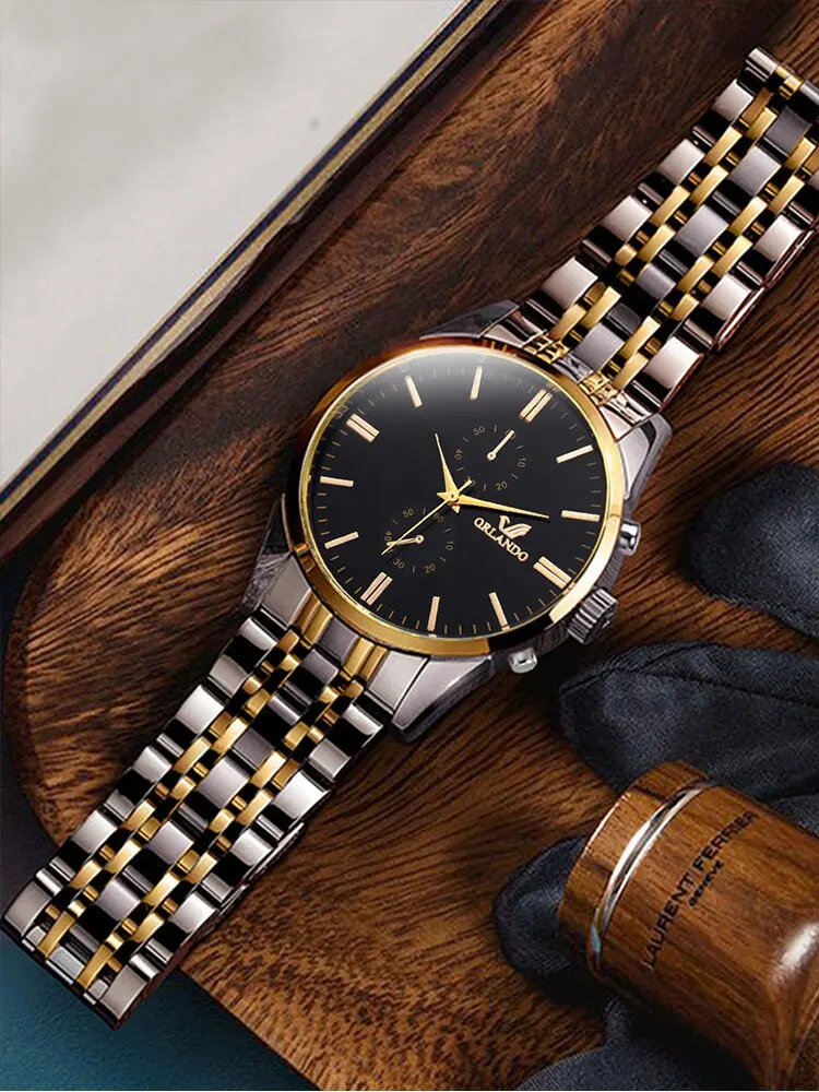 2PCs Fashion Business Big Dial Men\'s Room Gold Steel Band Quartz Wristwatch with Dumbbell Bead String Bracelet Set