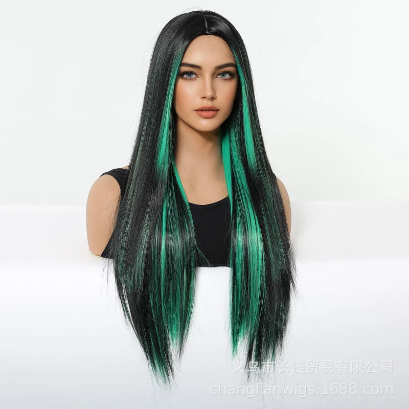 

Европейский и американский парик на Хэллоуин, черный с зелеными акцентами, модный женский парик на всю голову, прямой, подходит для праздников.