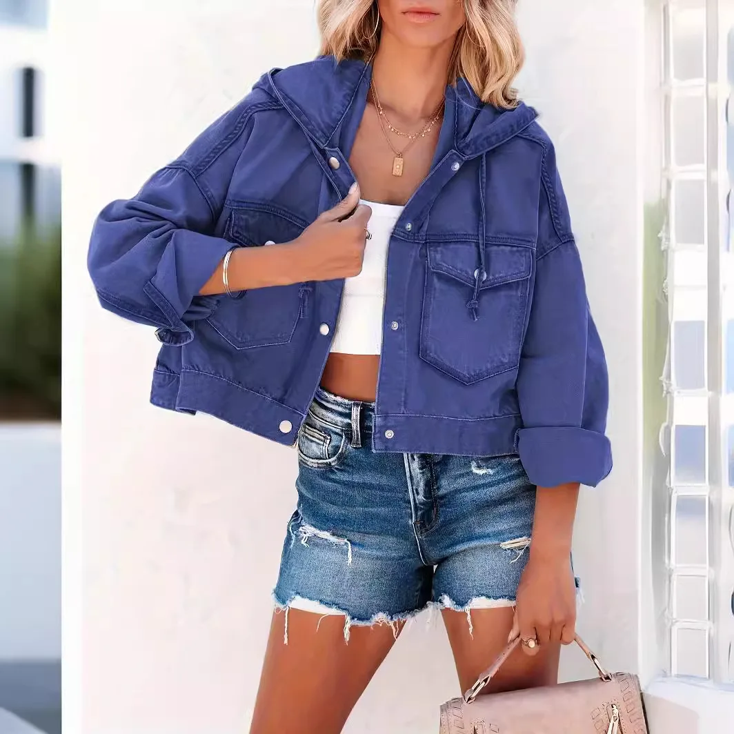 Giacca di jeans da donna Cappotto corto Tasche con cappuccio Cappotto lavato monopetto Giacche streetwear 2025 Capispalla vintage autunnale