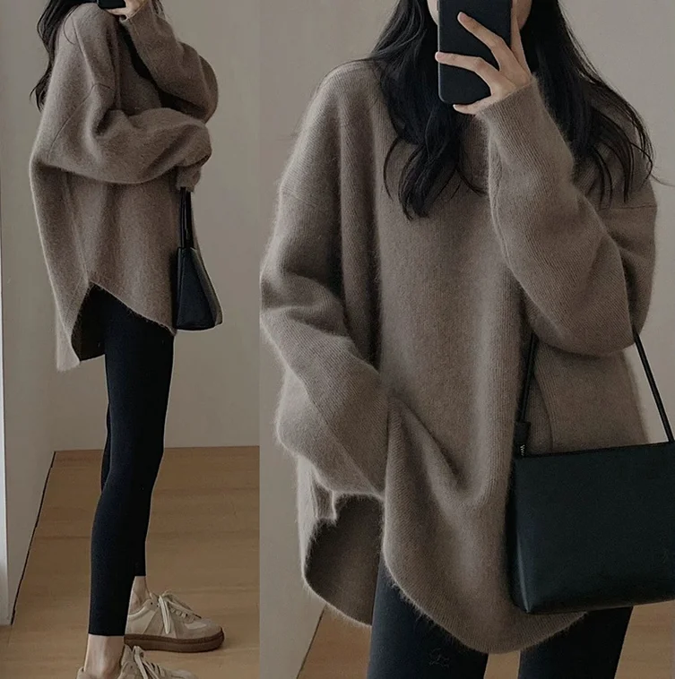 Autumn Winter Korean-Style Women's Pullover Sweater Medium-Length Long Sleeve Knitted Top Thickened Outerwear Casual Stylish Loo