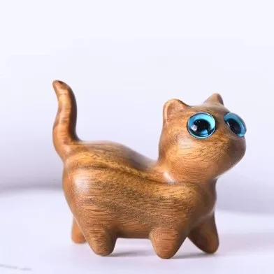 

Wooden Cat Figures Green Sandalwood Carving Lucky Cat Statue Fun Cute Cat Animal Interior accessories Home Decor gift Cat lovers