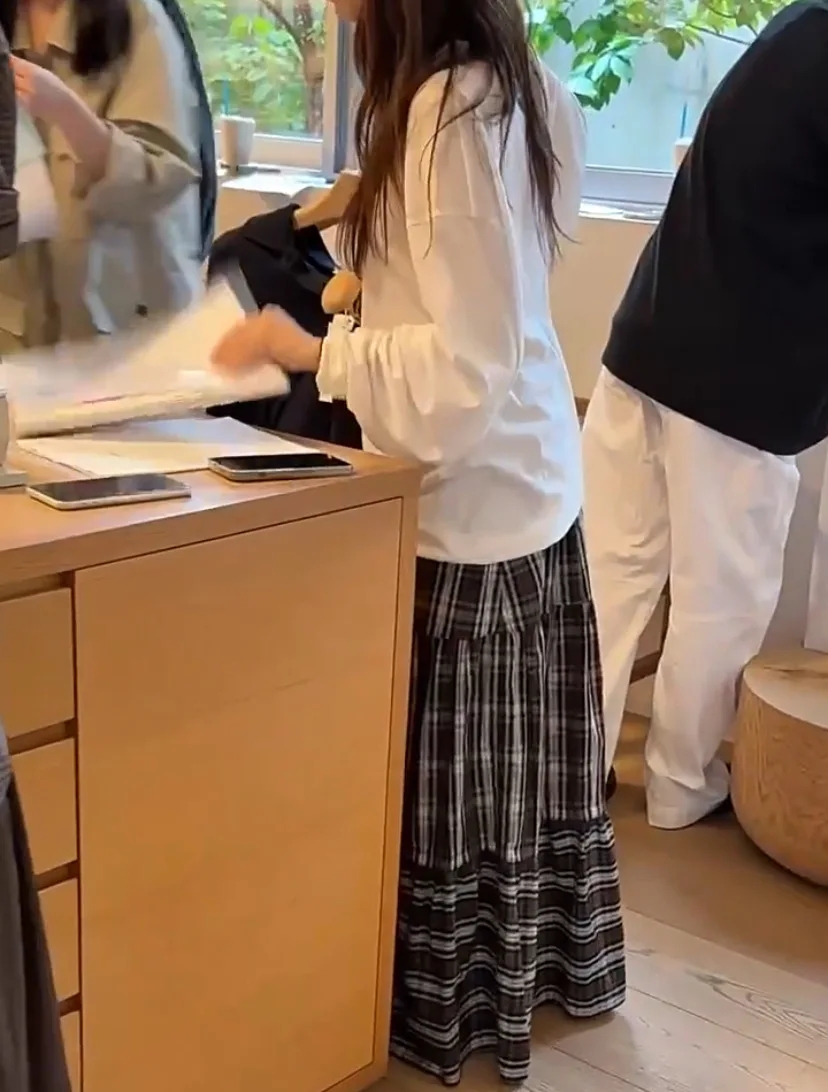 

High Waist Plaid Skirt Mon*ha Patchwork Pleated Dstring Mid-Length Cotton Gauze Breathable Commute Skirt