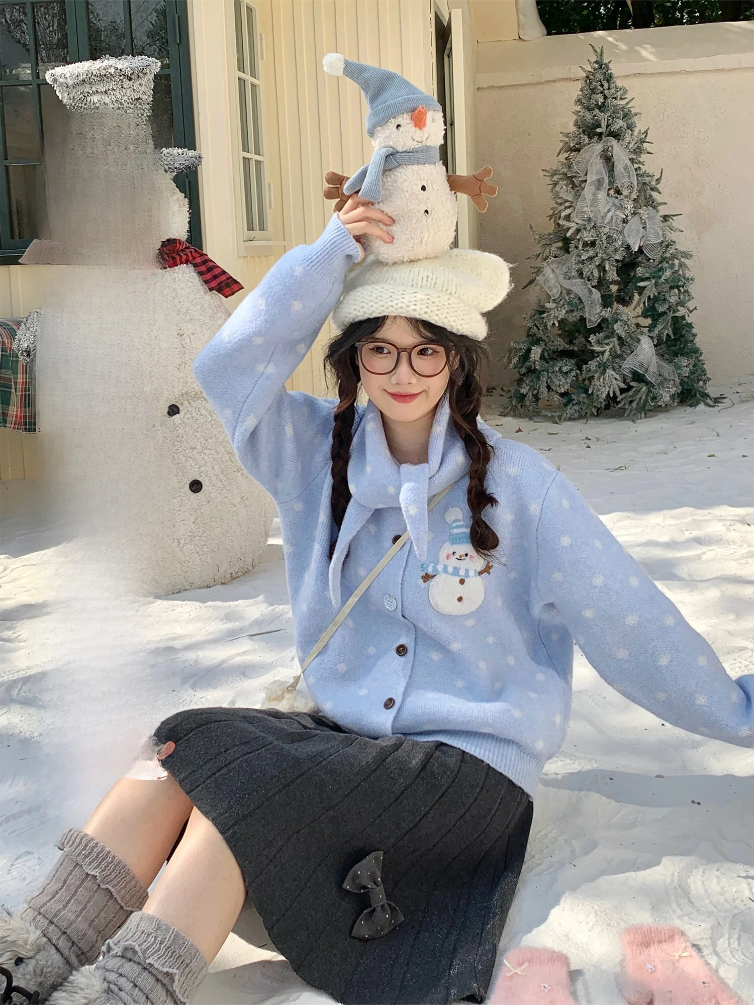 

Bibi Bency Blue Knitted Sweater Women's Loose Open Cardigan Snowman Design Sweet Sle Casual Long Sve High Collar Top