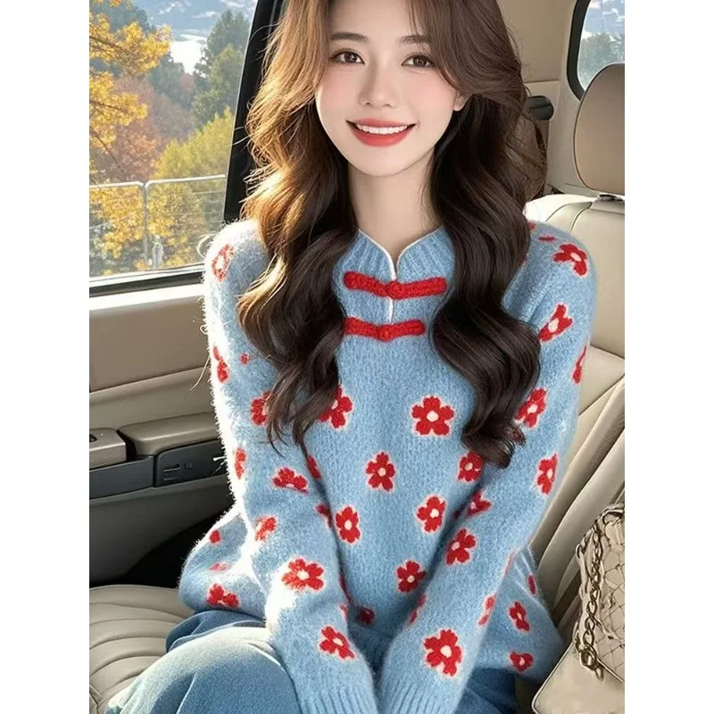 Blue Flower Sweater New Chinese Style with Women's  Heavy Industry Undercoat Lazy High-grade Knit Top [ High Quality Material ]