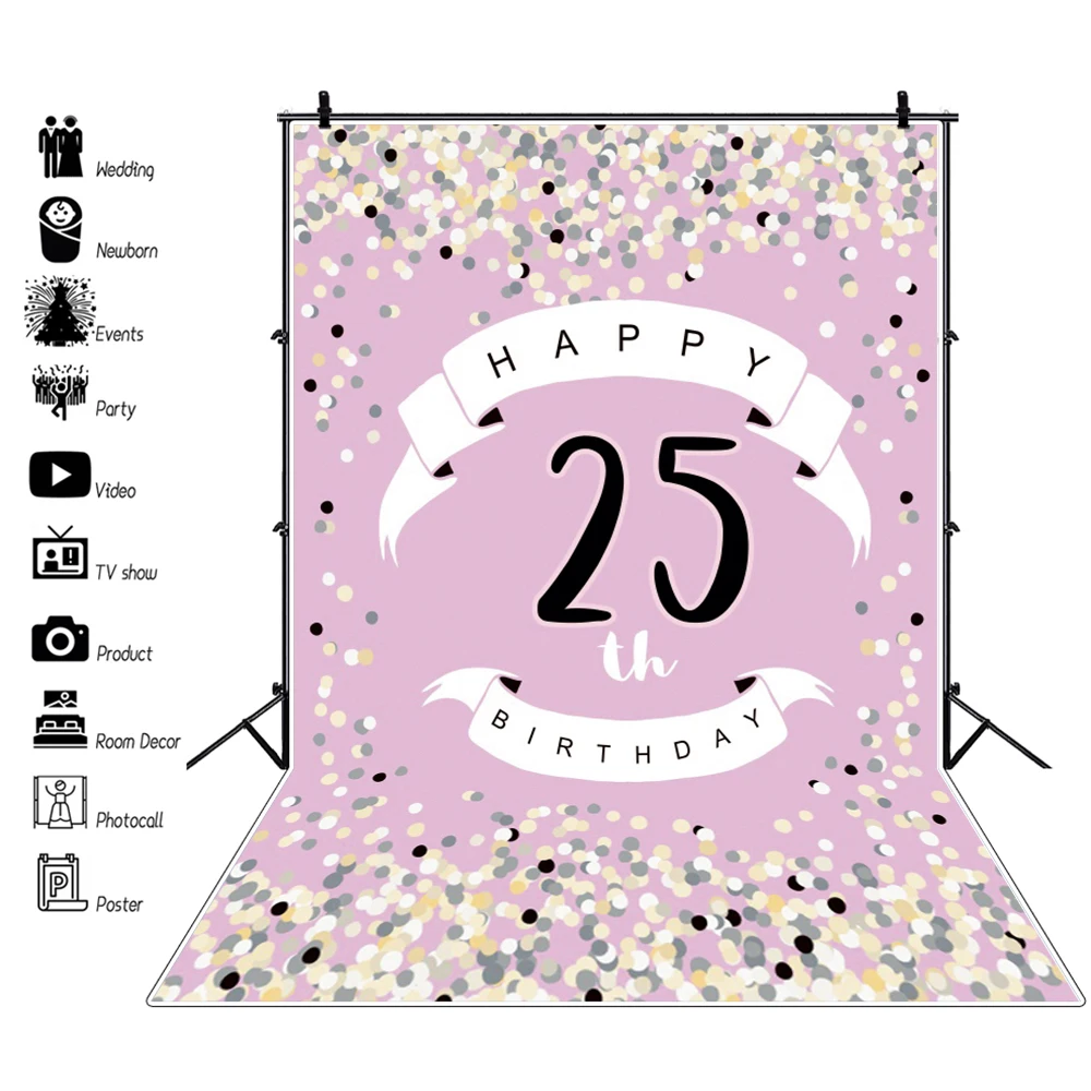 

25th Backdrop for Women 25 Birthday Decoration Pink Purple Twenty-Five Years Old Anniversary Party Photo Background Vertical