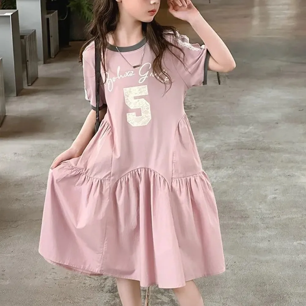 

Летнее платье для девочек, розовое, с буквенным принтом, для девочек 12-15 лет, для учениц средней школы, в академическом стиле, длиной до колена