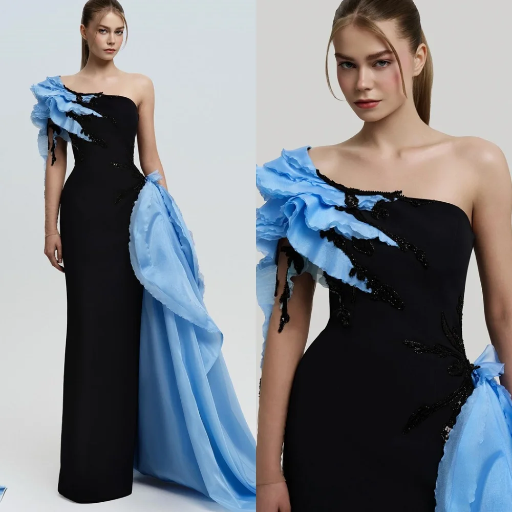 

Customized Classic Black Jersey Evening Dress Formal Strapless Off the Shoulder Zipper Back Contrast Color Homecoming Dress