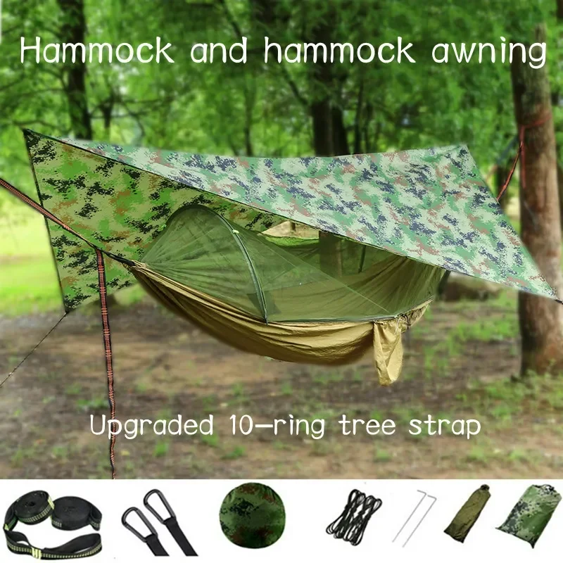 10-ring Tree Strap Pop-Up Portable Parachute Hammock,Outdoor Camping Hammock with Mosquito Net Hammocks Swing with Sun Shelter