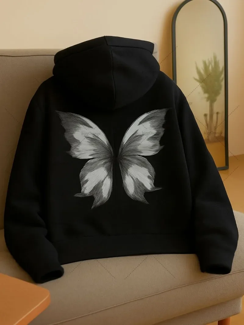 2026 Autumn/Winter Retro Butterfly Pattern Printed Casual Loose Hoodie Soft Fashion Sportswear Women's Wear Customizable Colors