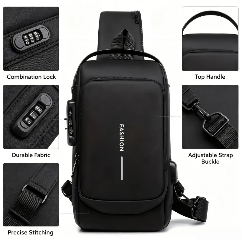 Men's anti-theft chest bag, fashionable motorcycle and casual sports sloping backpack, durable Oxford fabric