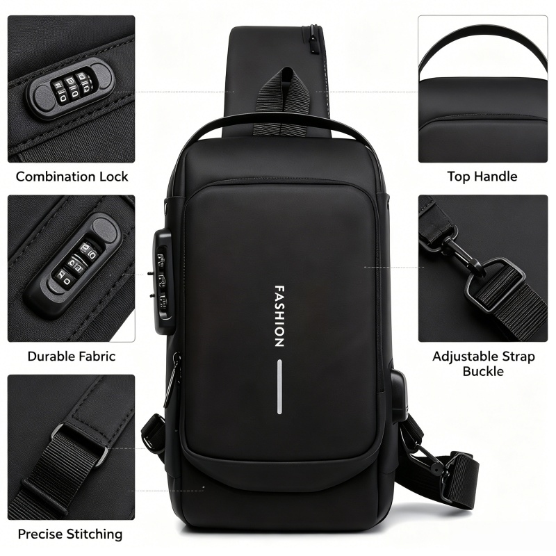  Men's anti-theft chest bag, fashionable motorcycle and casual sports sloping backpack, durable Oxford fabric 