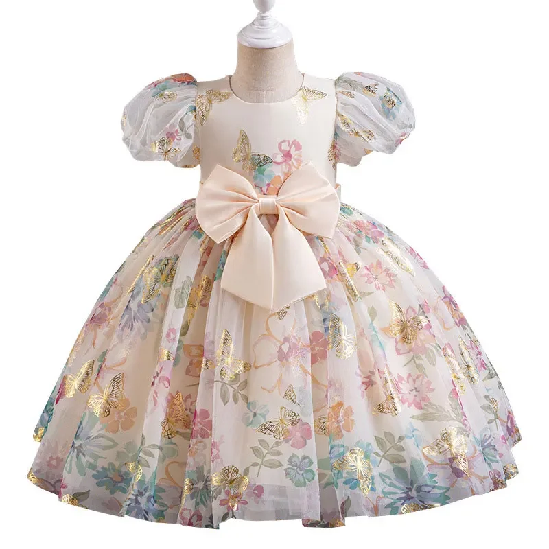 Bow Flower Girl Dresses for Weddings Lace Short Sleeve Girls Party Dresses Summer Children Bridesmaid Dress 1-7 Years