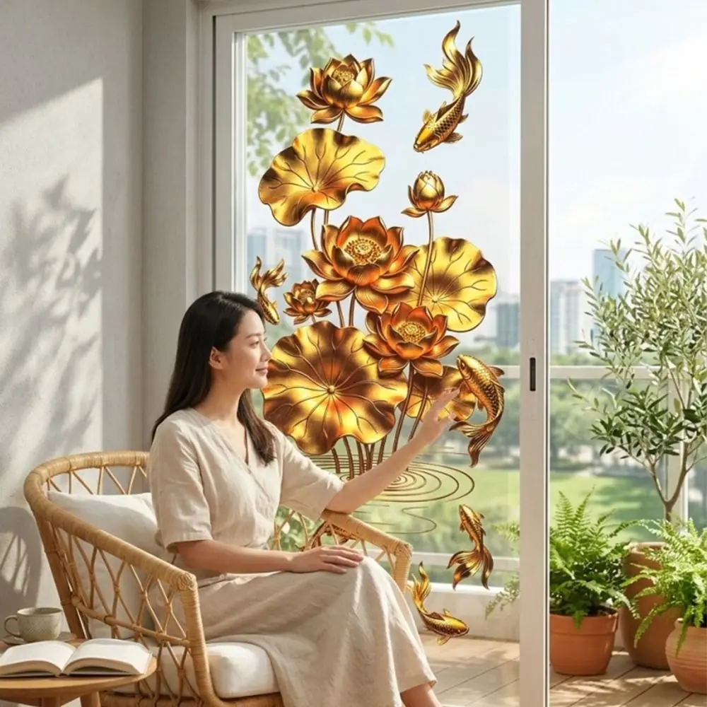 Anti-static Flower Koi Sticker Plastic Chinese Style Glass Door Sticker 3D Effect Decorative Sticker