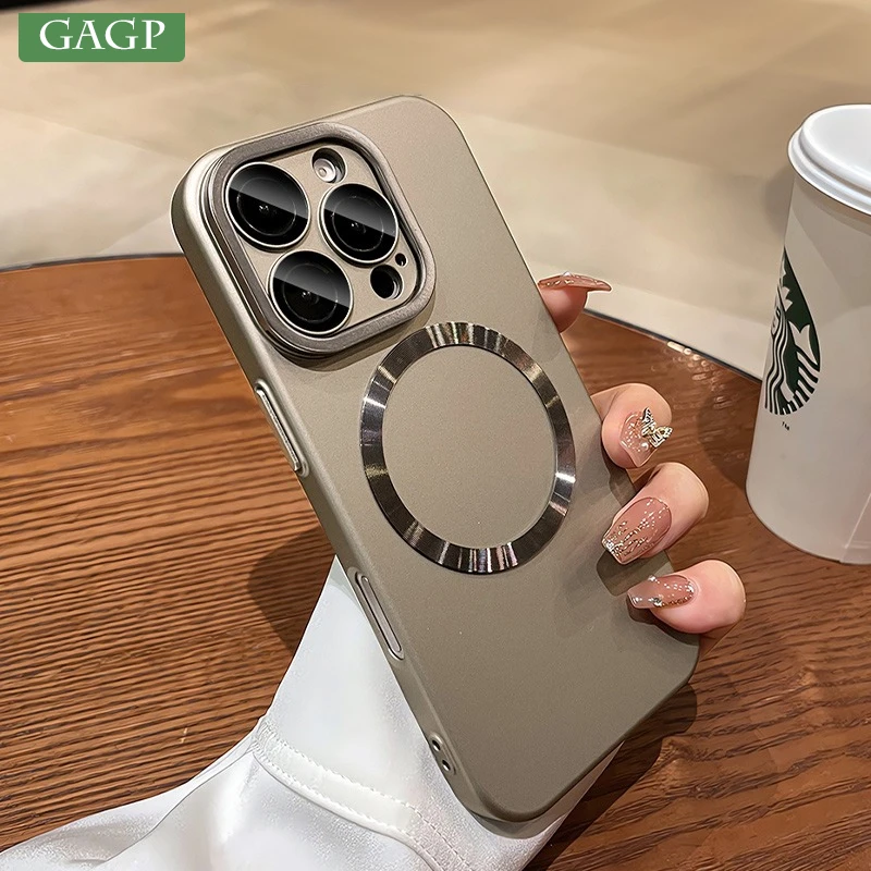 Business Slim Matte Magsafe Case for iPhone 16 14 15 Pro Max 16 Plus Fold Lens Stand Holder Wireless Charging Shockproof Cover