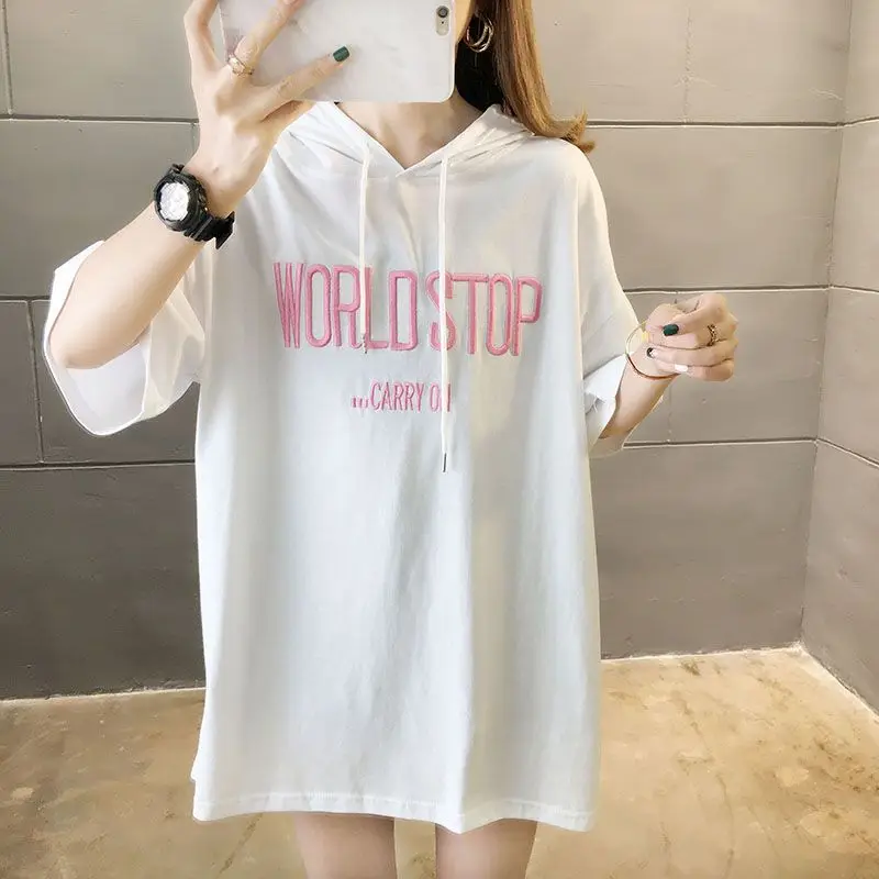 DAYIFUN Summer Women' Tees Hooded Youth Simple Solid Letters Cool And Fashion T-shirt Large Size Half Sleeve Loose Thin Long Top