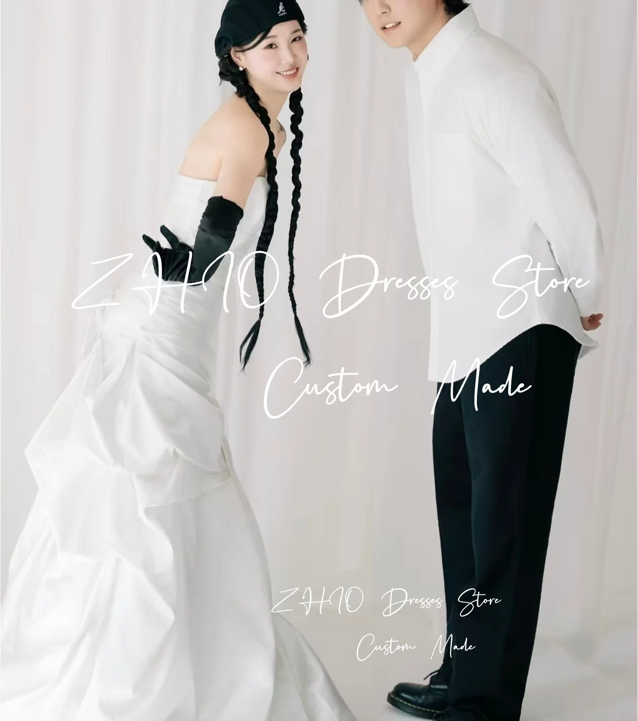 ZHIO Modern White PleatWedding Dress Sweetheart A-Line Slit Sweep Train Satin Korea Photo Shoot Bridal Reception Gown Custom