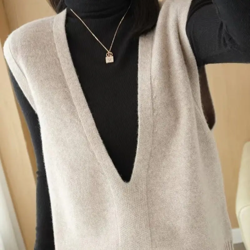 V-neck Knitting Ladies Pullovers Autumn Winter Solid Color Sleeveless Women\'s Clothing Simplicity Interior Lapping Sweater Vest