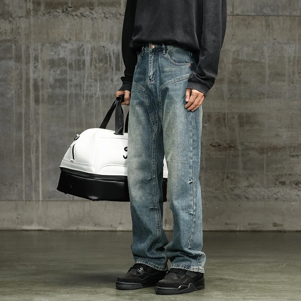 

American Style New Fashion Vintage Men's Casual Trendy Washed Blue Straight Loose Denim Cargo Trousers Male Jeans Pants Clothes