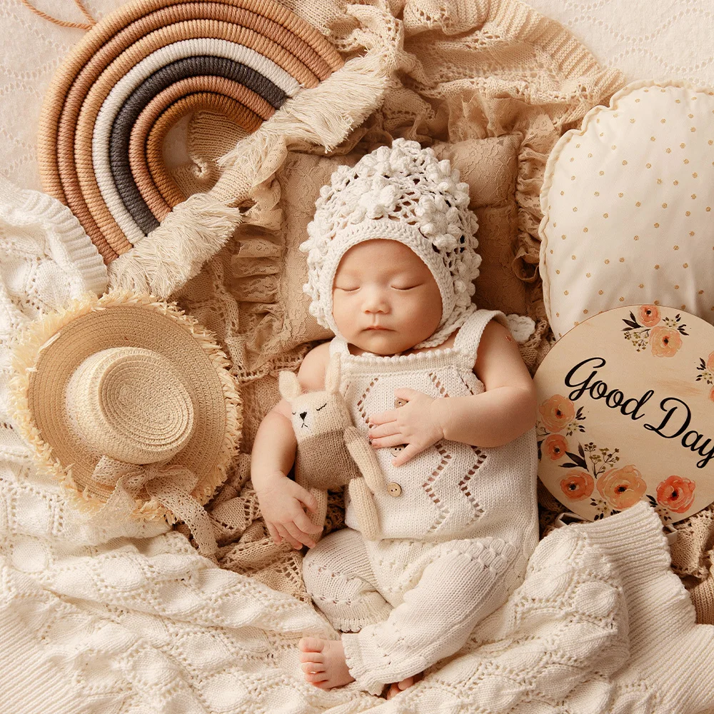 Newborn Photography Props Nordic Style Theme Set Knitted Hollow Jumpsuit Crochet Flower Hat Doll Rainbow Studio Baby Photo Props