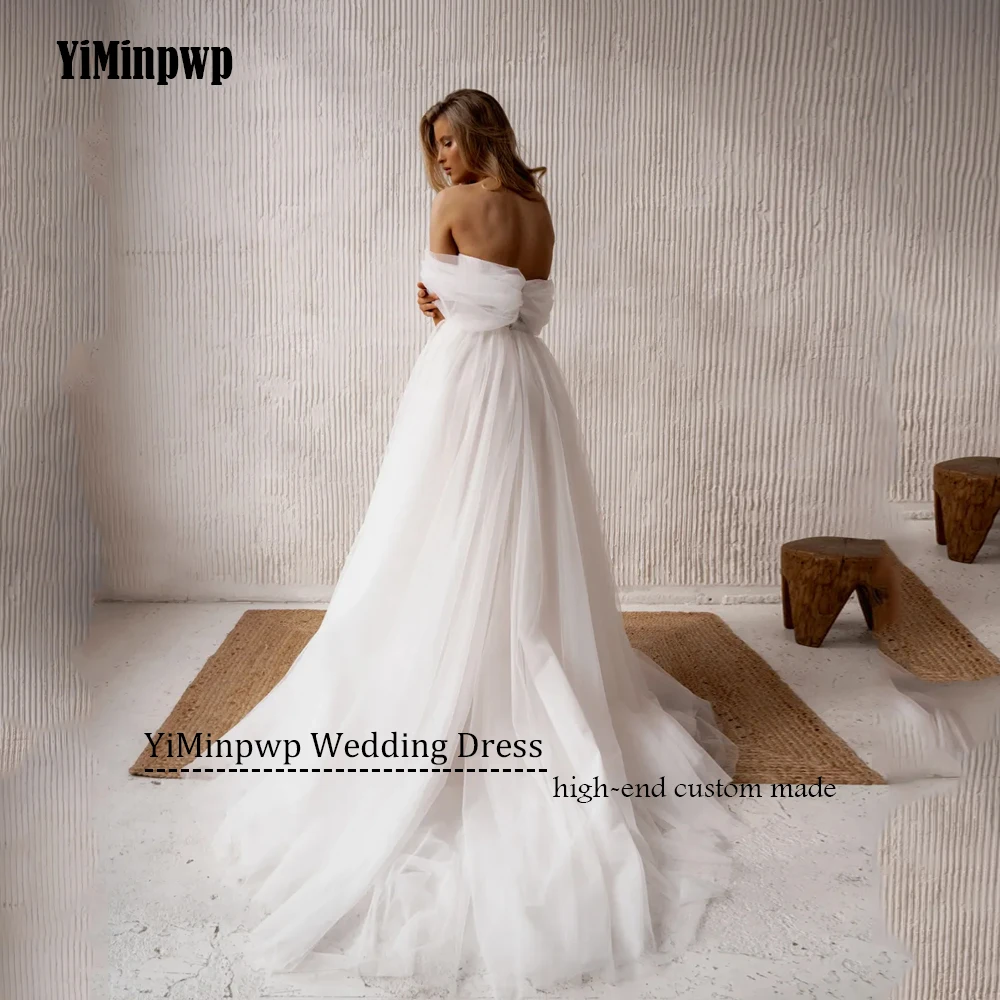 فساتين زفاف شاطئ بوهو على شكل حرف v مزينة على شكل حرف a بدون أكتاف فستان زفاف أبيض على شكل حرف a تول فساتين زفاف العروس حسب الطلب