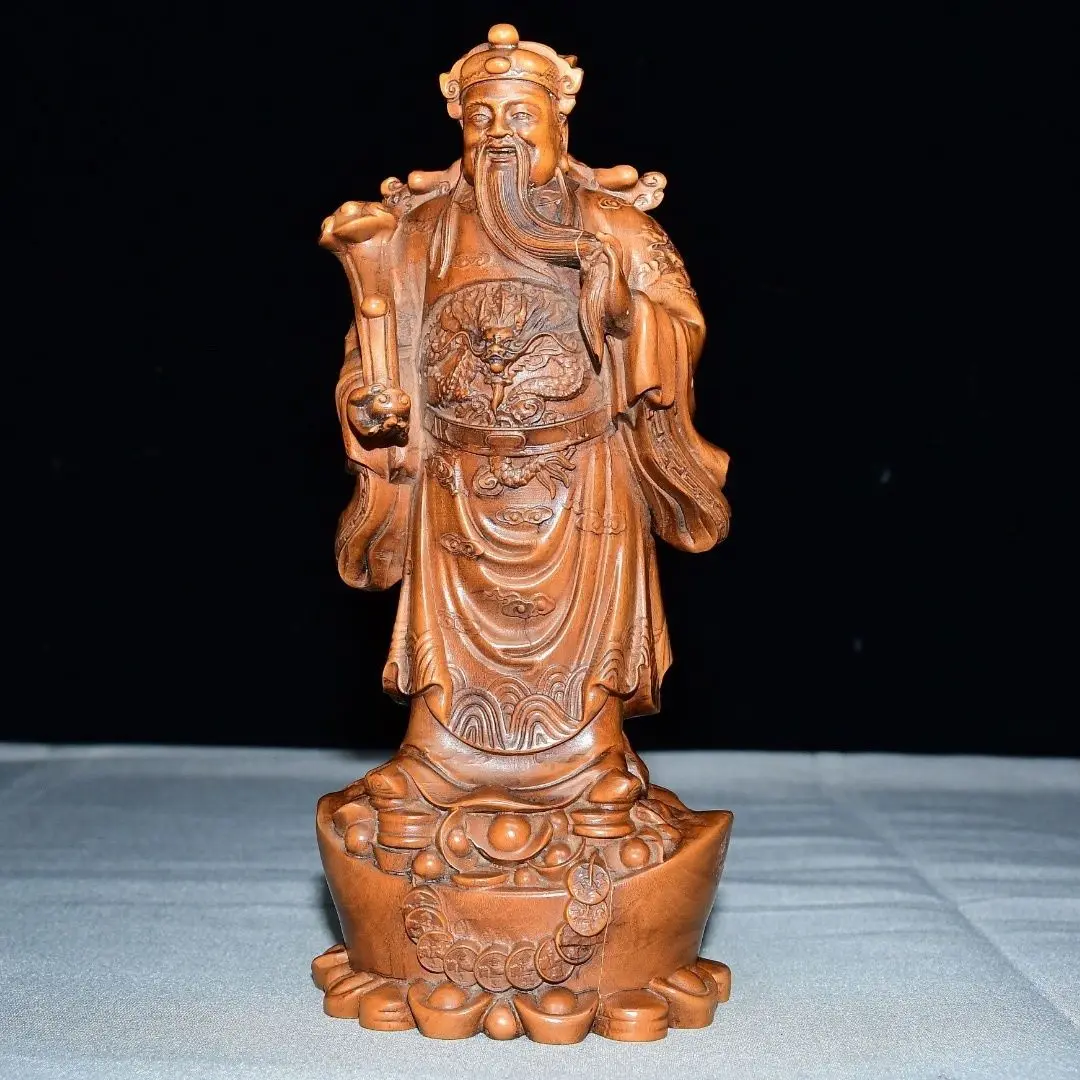 Hand Carved Wood God of Wealth on Yuanbao Statue Figurine Home Desktop Ornament Craft Gift