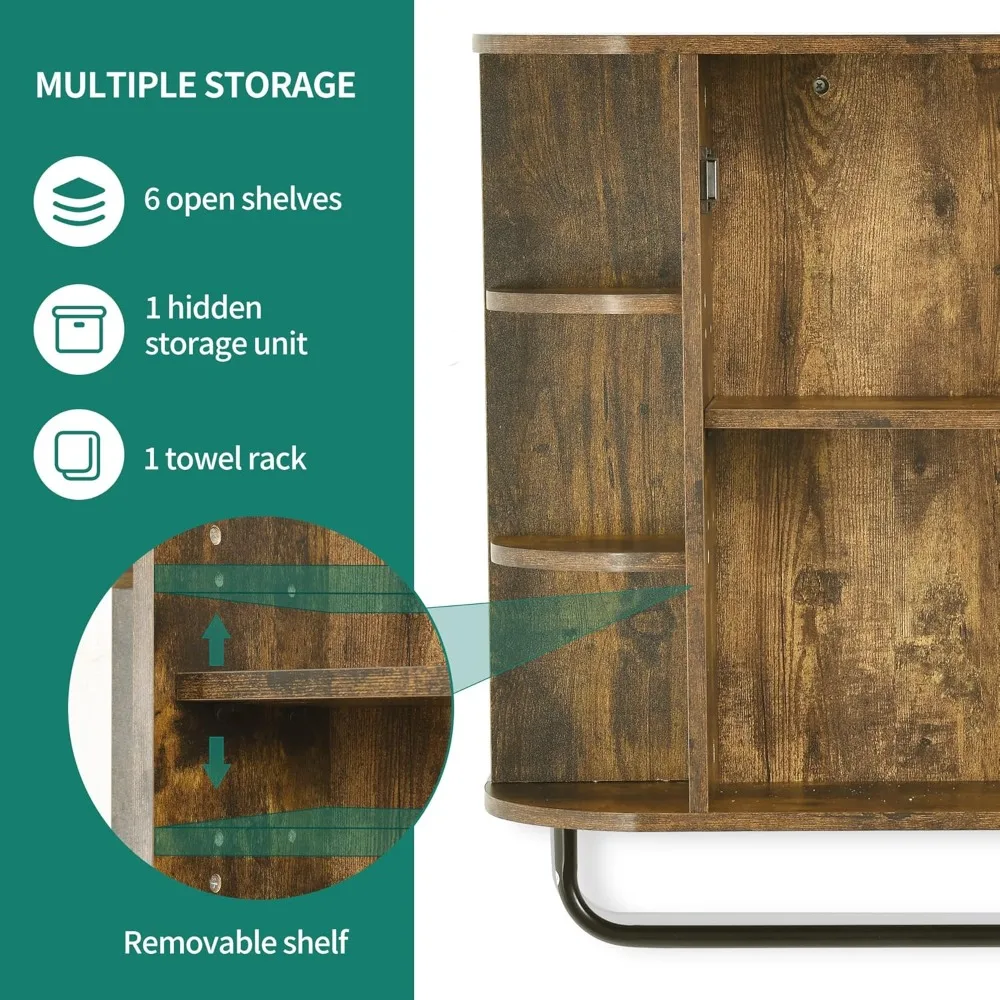 Armário de banheiro montado na parede com porta de espelho, organizador de armazenamento de prateleira removível para espaços pequenos, decoração de casa