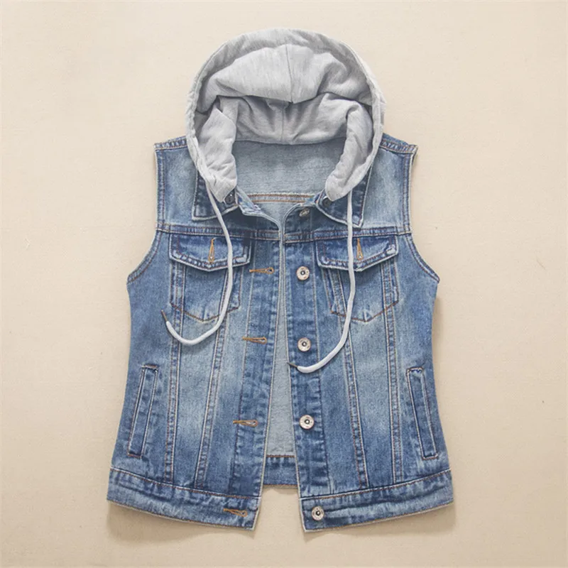 Vintage Blue Detachable Hooded Pocket Denim Vest Women Waistcoat Cowboy Sleeveless Jacket Summer Slim Short Jeans Vests Female