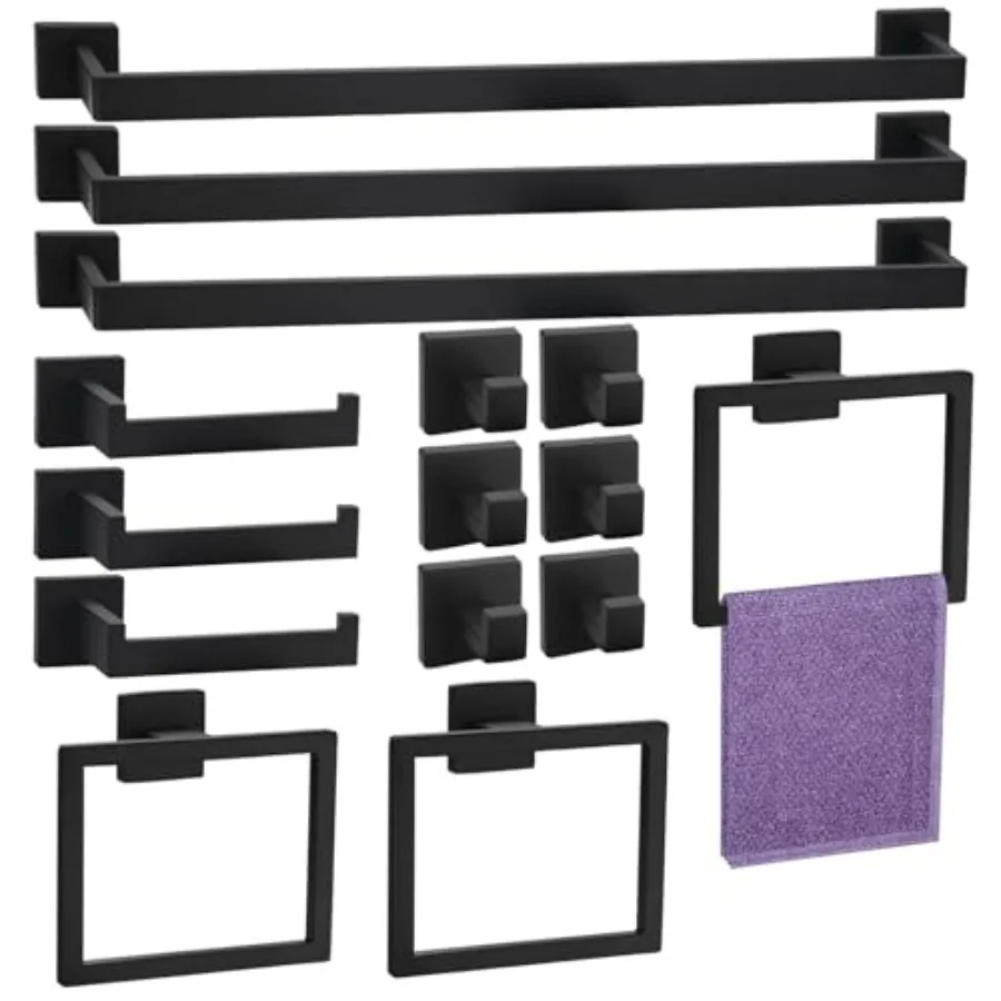 

Bathroom hardware set: matte black stainless steel, 15-piece, includes 23.6-inch towel bar, toilet paper holder, towel ring, an