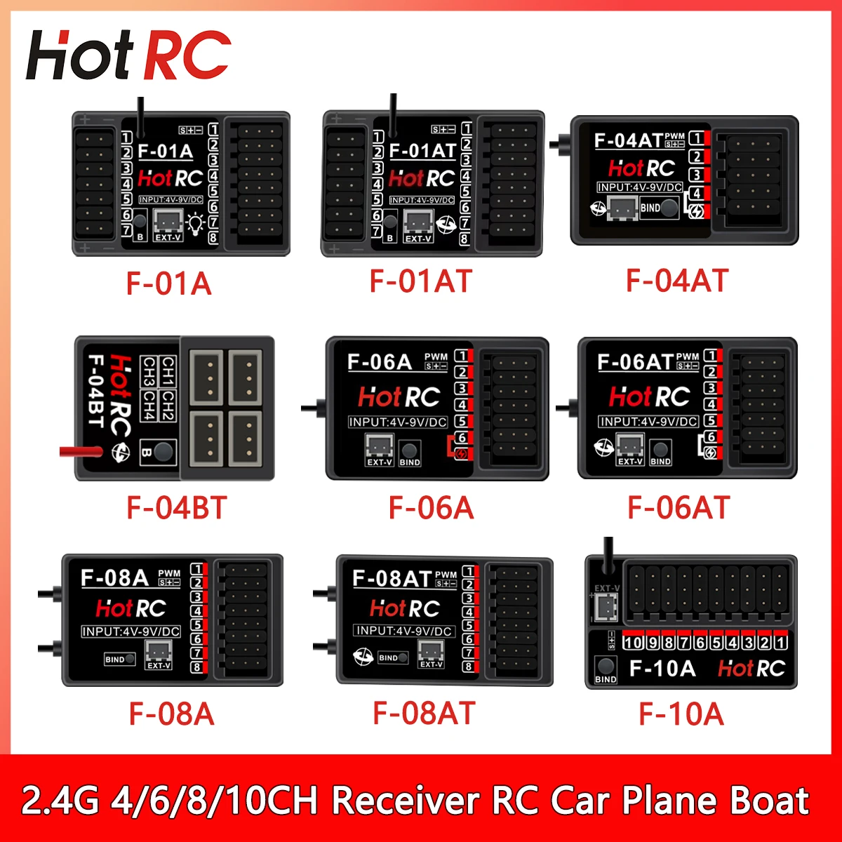 Hotrc 2.4GHz 4/6/8/10 CH F-04AT F-06AT F-08AT F-01AT F-10A 電圧リターン制御ジャイロ受信機 RC カーボート飛行機タンクロボット用