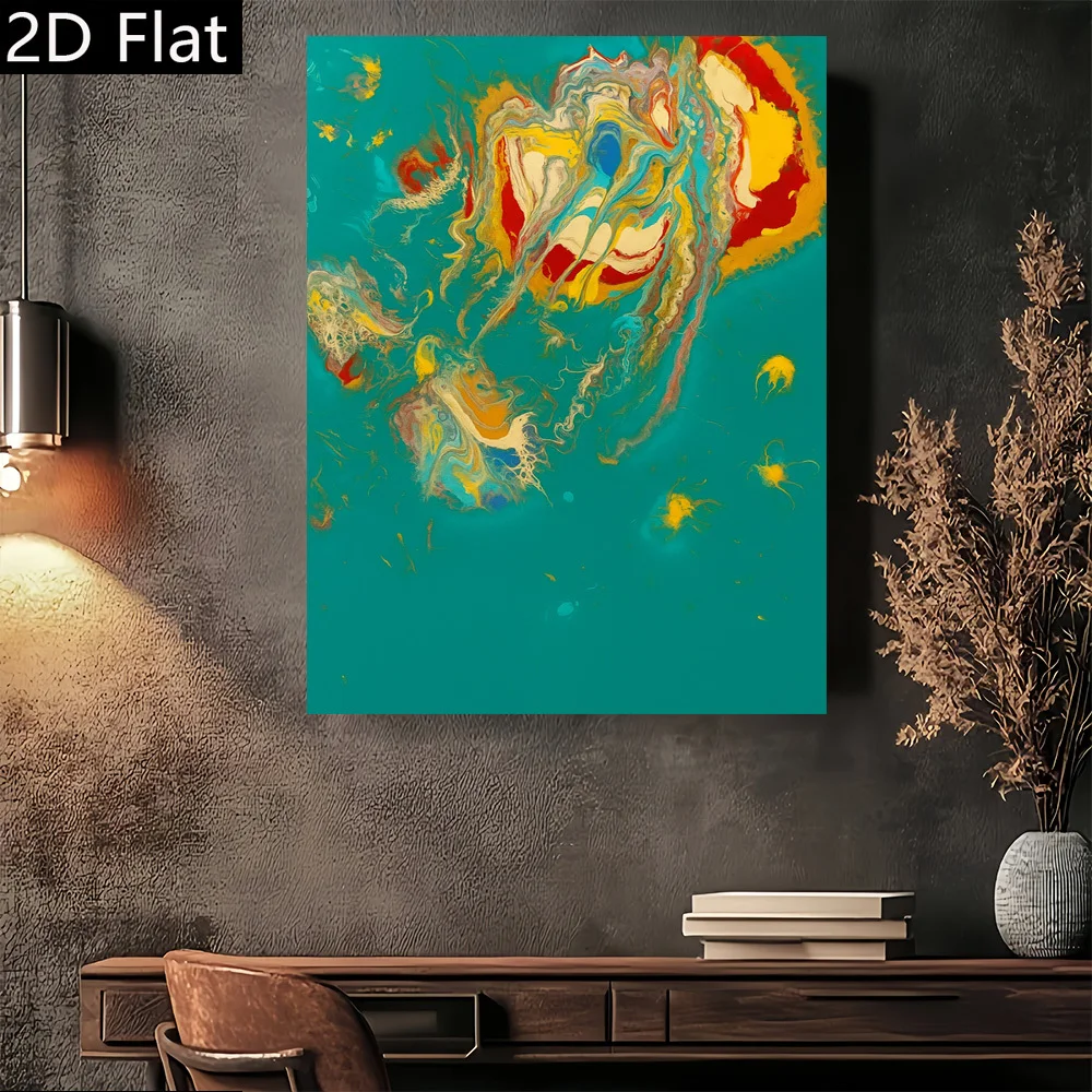 ملصق فني سائل تجريدي بدون إطار مكون من قطعتين مسطحًا، قطعة واحدة - أزرق فيروزي، أصفر، أحمر، أسود، أبيض، لوحة ريترو حديثة ذهبية - Hig