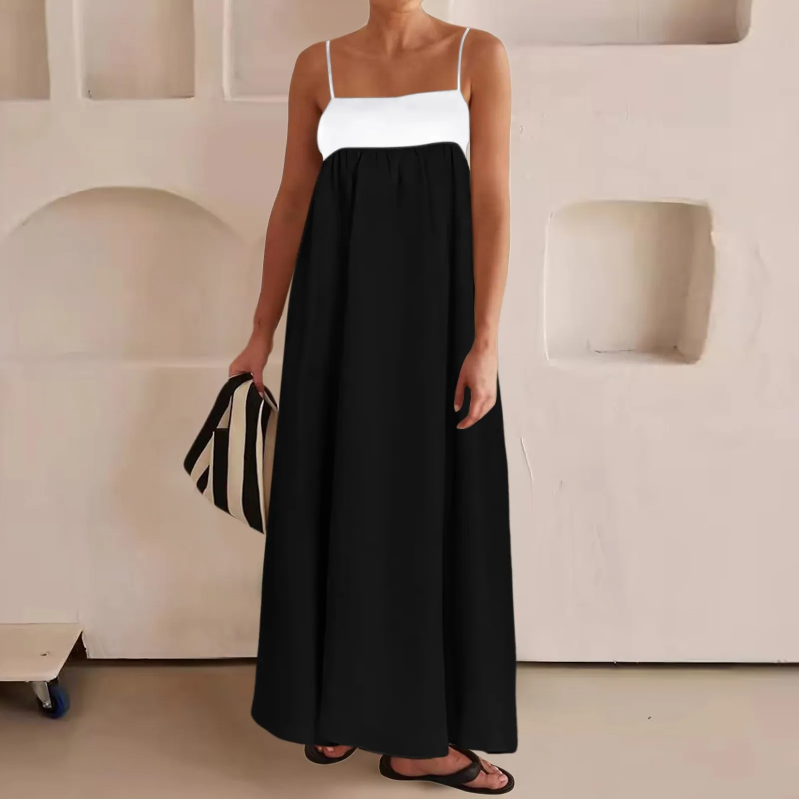 

Women's Summer New Maxi Dress Contrast Trim Spaghetti Straps Sleeveless Long Skirts Fashion Loose Casual Holiday Dresses