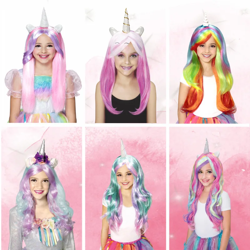 Unicorn Colorful Straight Pony Wig Children\'s Unicorn Cute Pink Horn Wig Hair Cover