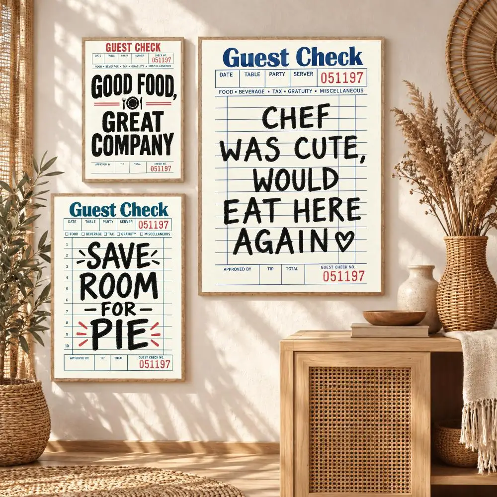 Vintage Guest Check Poster Art Wall Stickers & Self-Adhesive Decals for Home, Bedroom & Living Room
