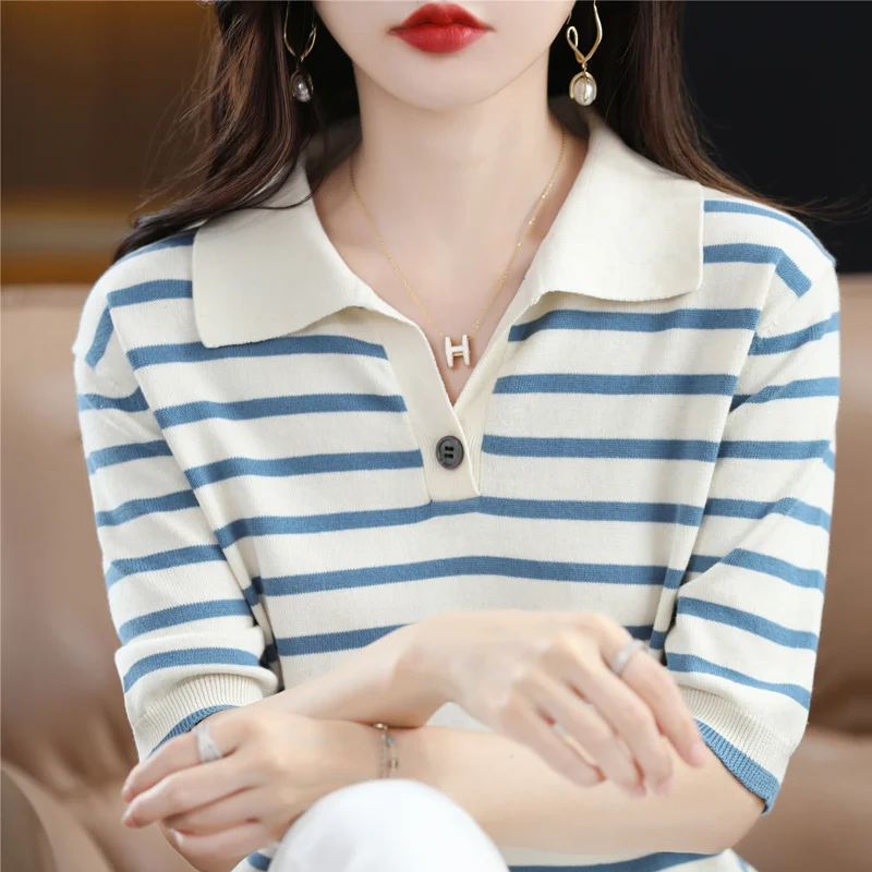 Summer Short Sleeved Women's Solid Polo Shirt Casual Cotton Striped Women's Top T-shirt Women's Clothing 2023 Casual Knitted Top