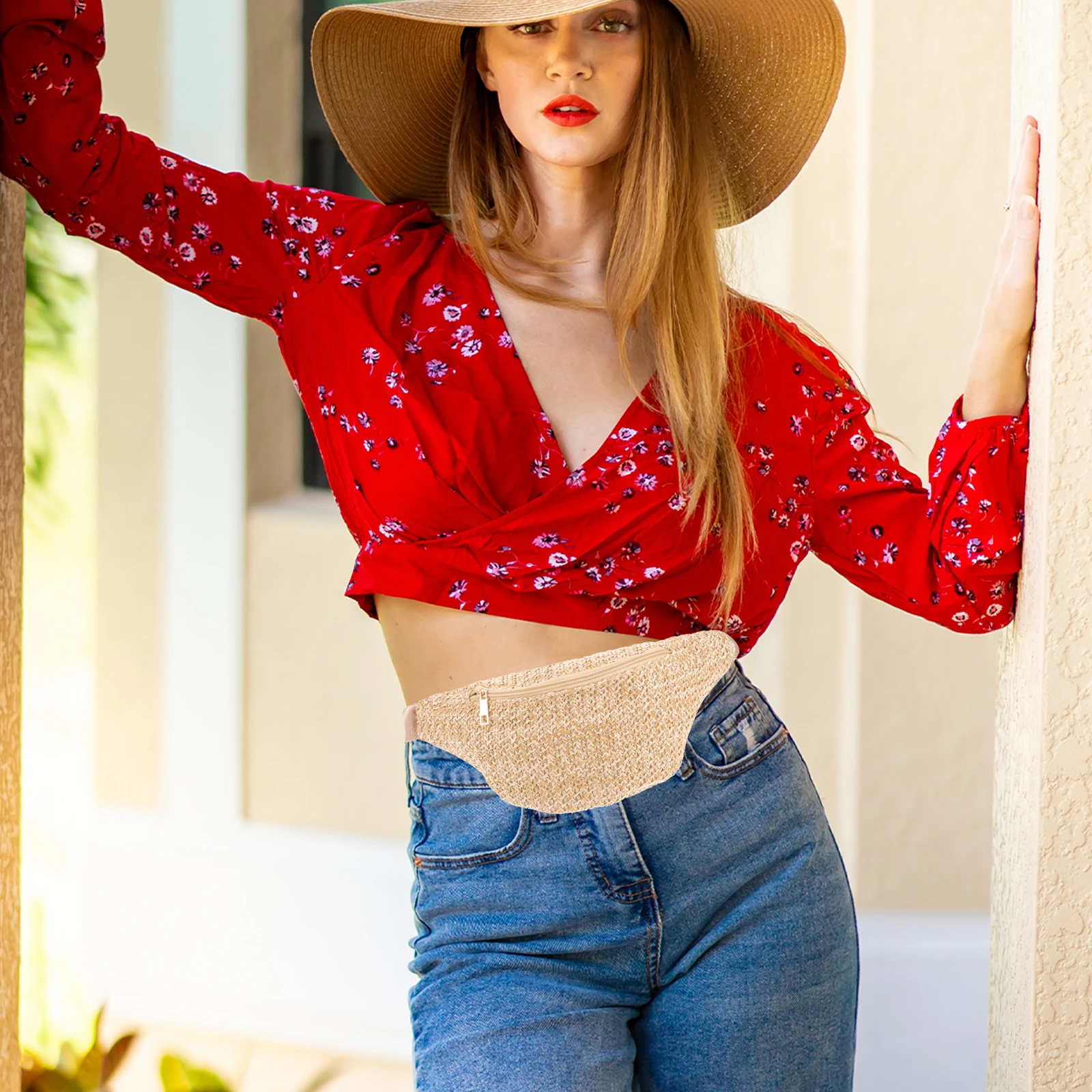 

1 шт., летняя соломенная поясная сумка, мини-поясная сумка, нагрудная сумка, тканая поясная сумка через плечо в стиле бохо, поясная сумка для путешествий на открытом воздухе