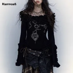 Karrcat Grunge estetik örme Tops Vintage kapalı omuz dövme baskı T-shirt çorak Punk siyah nervürlü Tee gömlek gotik