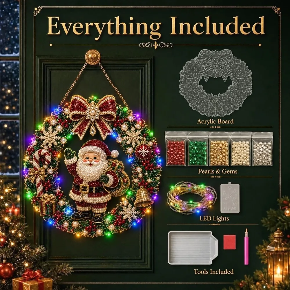 Sparkling Christmas Wreath Pendant LED String Lights Glitter Diamond Painting Kits Decorative DIY Hanging Kit