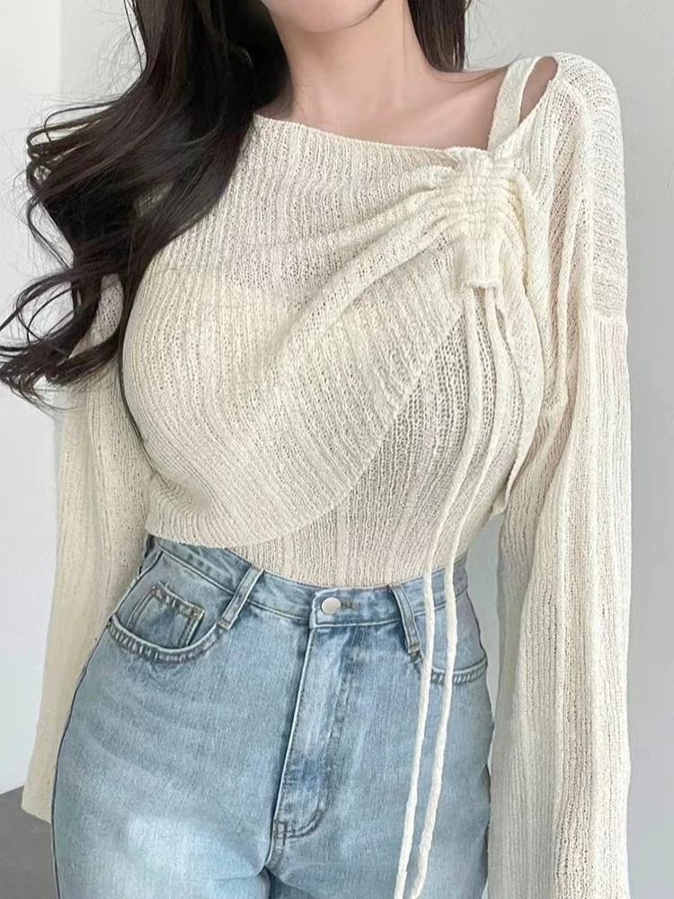 Chic Knitted Tank Top with Drawstring Inner Wear Two-Piece Set Versatile Slim Fit Korean Style Commute Fashion Women's Clothing