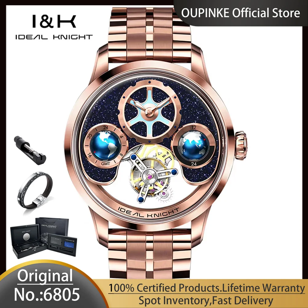 IDEAL KNIGHT 6805 Tourbillon Watch for Men Blue Earth Series Skeleton Automatic Men's Mechanical Watch Luminous Waterproof Watch