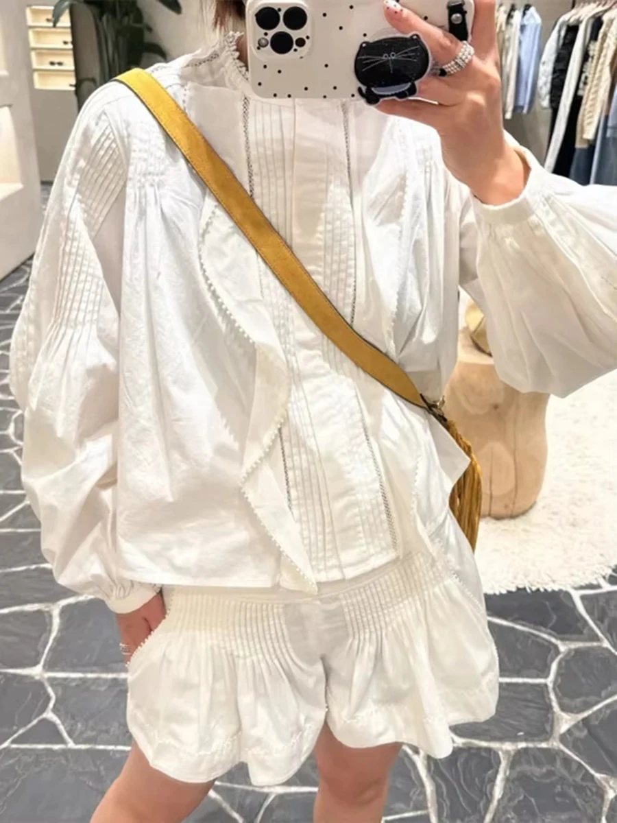 

Кружевная лоскутная плиссированная рубашка, женская весенне-осенняя дизайнерская винтажная рубашка с оборками, топы, женские элегантные блузки, уличная одежда