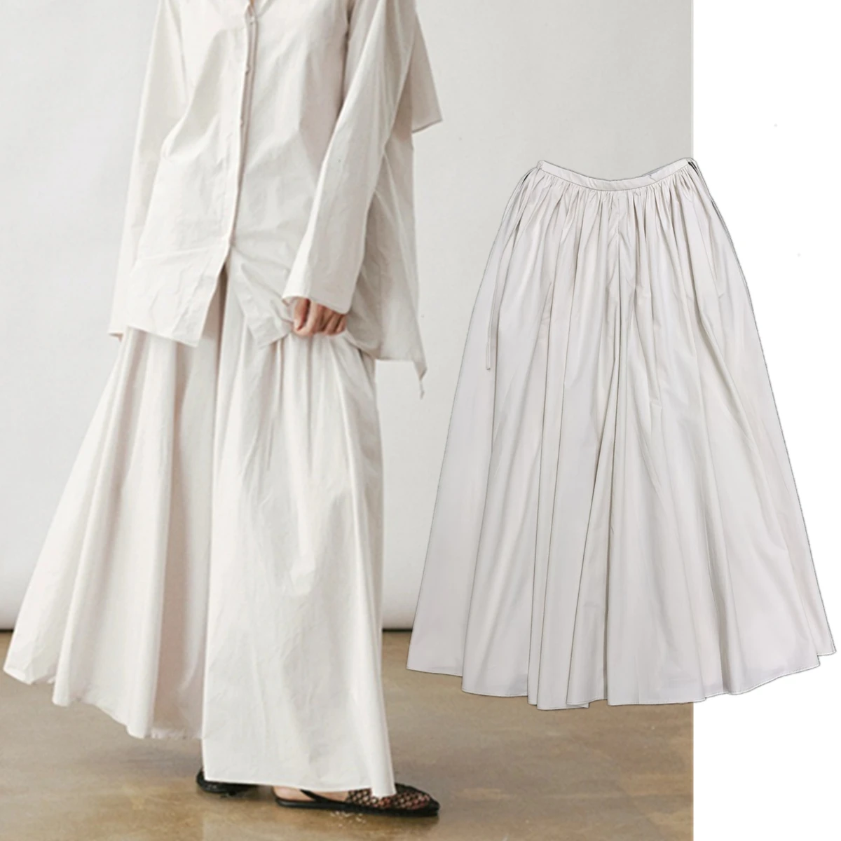 

Юбка Maxdutti в стиле французского минимализма из чистого хлопка с высокой талией и широким подолом, женская одежда, ретро-юбка с плиссировкой, длинная юбка в стиле lazy.